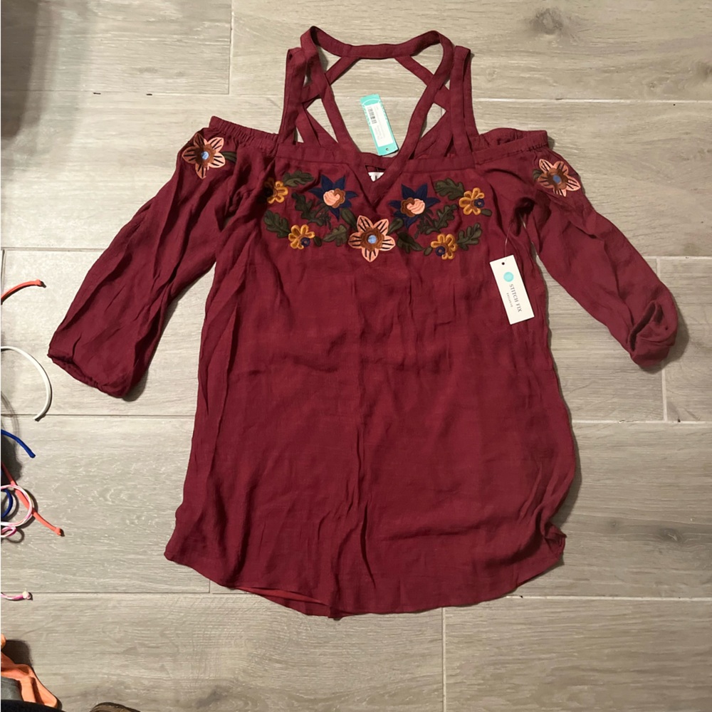 Unique Off the Shoulder Burgundy/Embroidered Dress